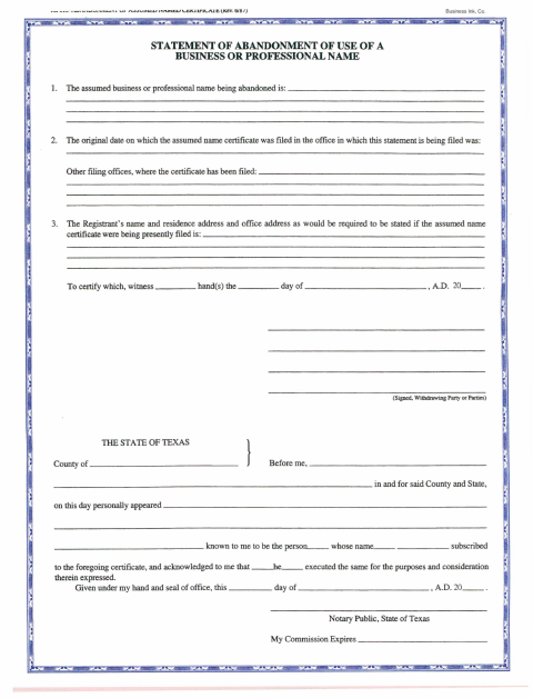 Statement of Abandonment of Use of a Business or Professional Name, Val Verde County form, first page