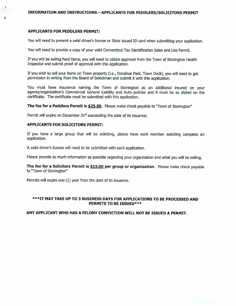 First page of the Peddlers and Solicitors Permit Application