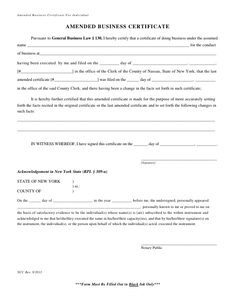 Amended Business Certificate for Individual, Nassau County form, first page