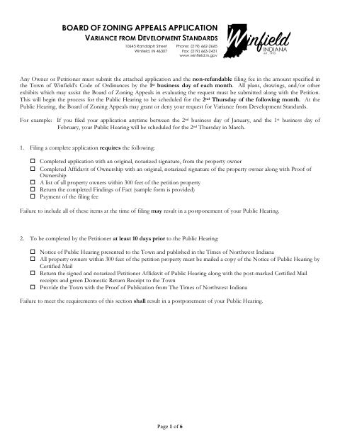 First page of the Variance From Development Standards Application