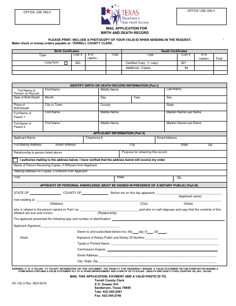 Mail Application for Birth and Death Record, Terrell County form, first page