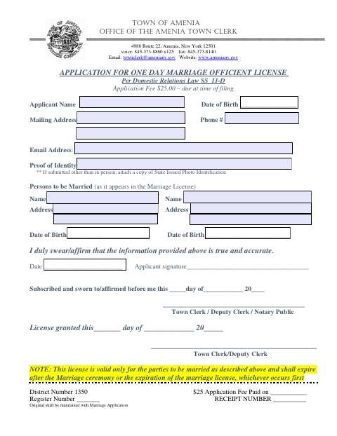 First page of the One-Day Marriage Officiant License Application