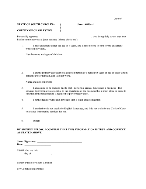 Juror Affidavit, Charleston County form, first page