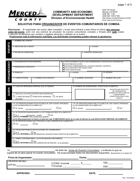 First page of the Community Food Event Organizer Application
