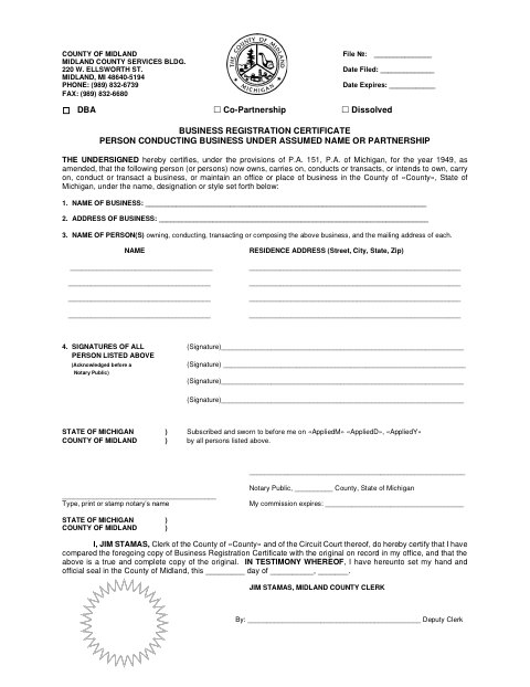 Business Registration Certificate, Midland County form, first page