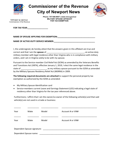 Military Spouse Affidavit for Personal Property Tax Exemption, City of Newport News form, first page