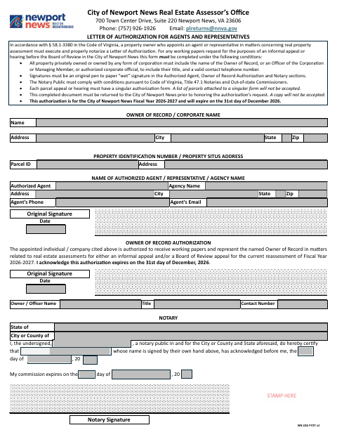 Letter Of Authorization For Agents And Representatives, City of Newport News form, first page