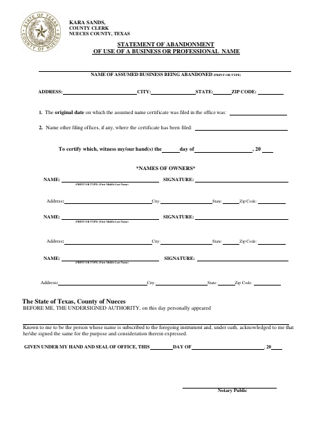 Statement of Abandonment of Use of a Business or Professional Name, Nueces County form, first page