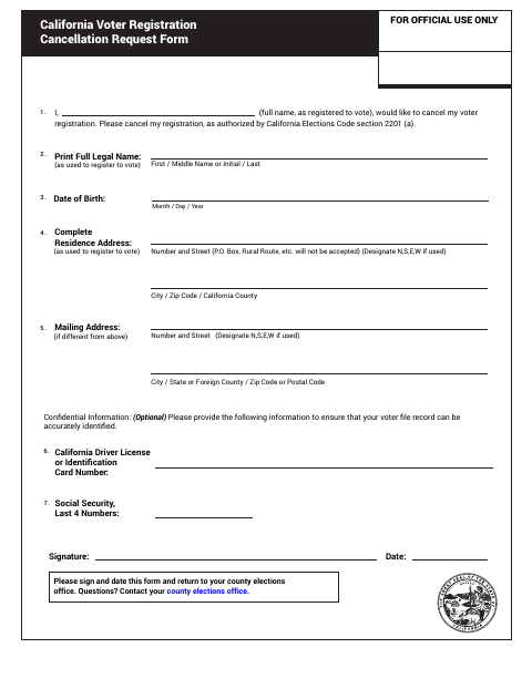 First page of the California Voter Registration Cancellation Request Form