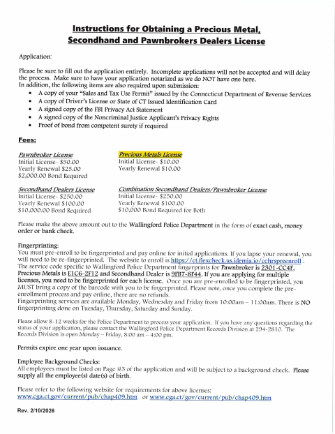 First page of the Precious Metal, Secondhand Dealer, And Pawnbroker License Application