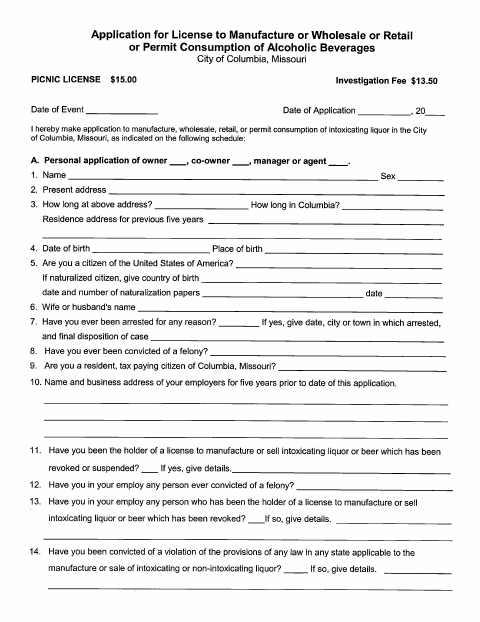 First page of the Picnic Liquor License Application