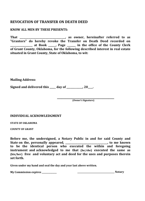 Revocation of Transfer on Death Deed (Individual), Grant County form, first page