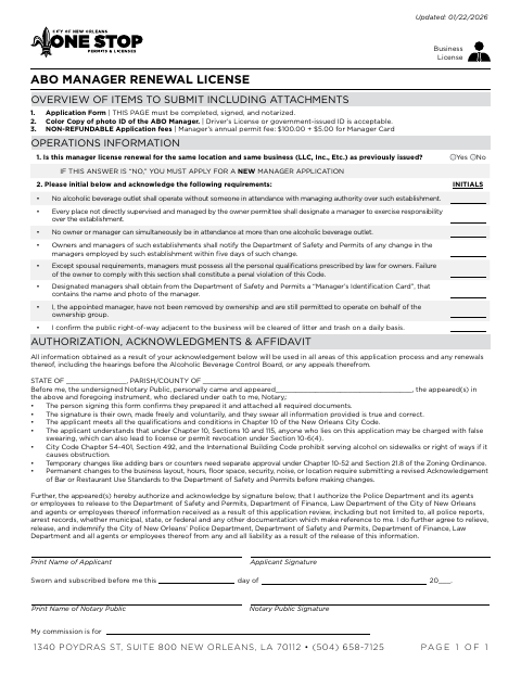 Alcoholic Beverage Outlet Manager Renewal License, Orleans Parish form, first page