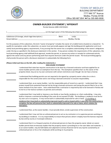 First page of the Owner-Builder Affidavit