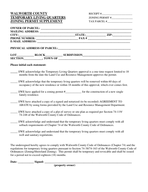 Temporary Living Quarters Zoning Permit Supplement, Walworth County form, first page