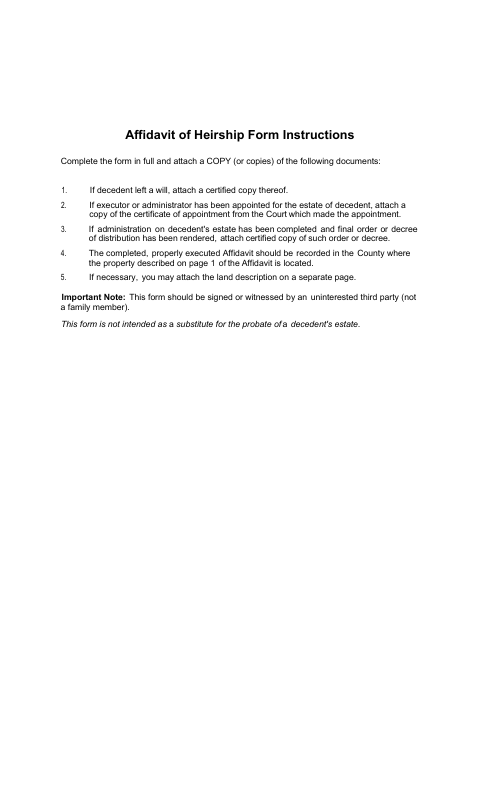 Affidavit of Heirship, Kingfisher County form, first page