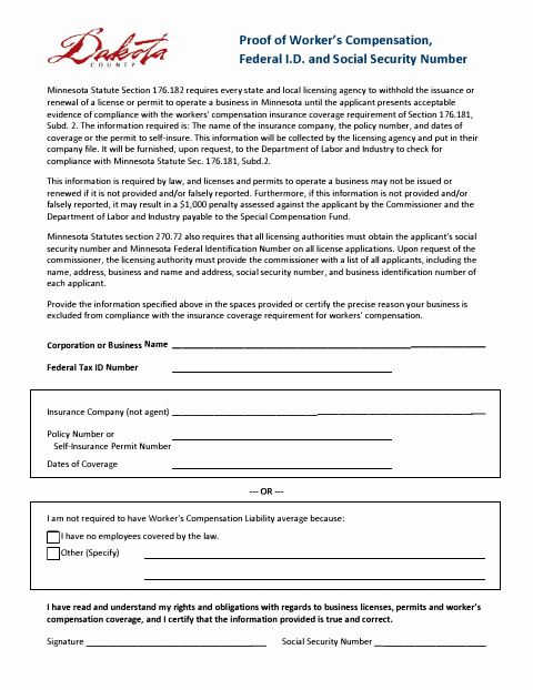 First page of the Certificate of Compliance With Minnesota Worker's Compensation