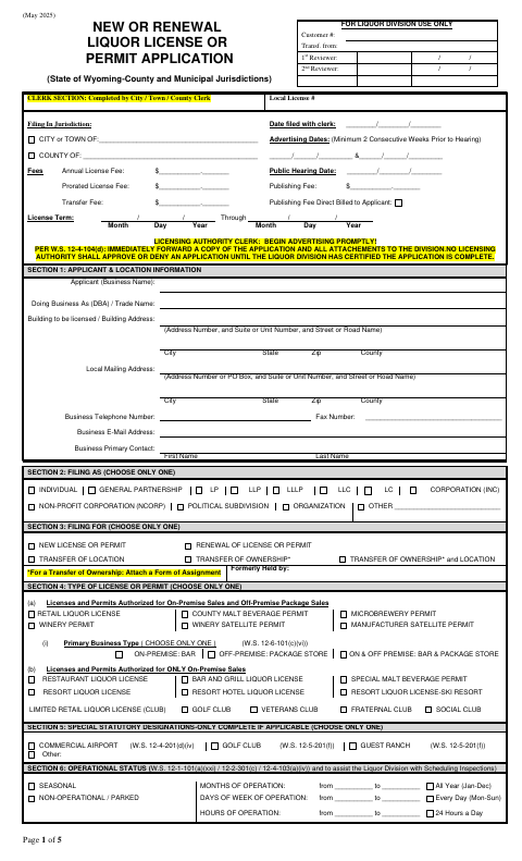 New or Renewal Liquor License or Permit Application, Uinta County form, first page