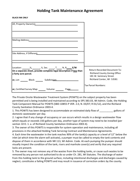 Holding Tank Maintenance Agreement, Richland County form, first page