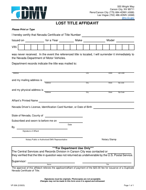 VP-206 Lost Title Affidavit first page
