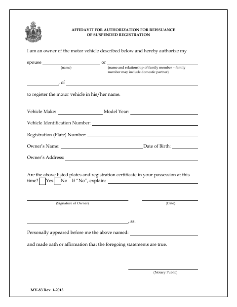 MV-83 Affidavit for Authorization for Reissuance of Suspended Registration first page