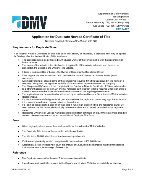VP-012 Application for Duplicate Nevada Certificate of Title first page