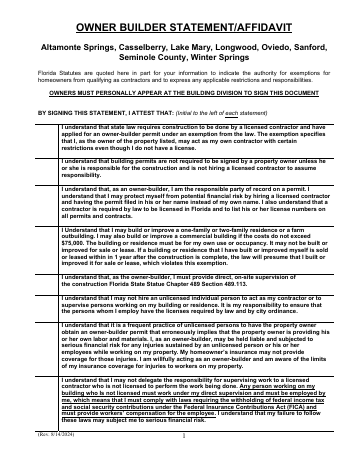 First page of the Owner Builder Statement/Affidavit
