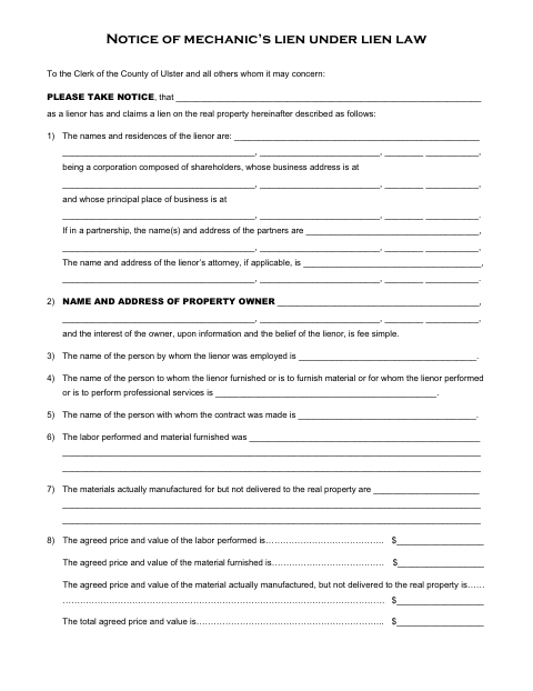 Notice of Mechanic’s Lien Under Lien Law, Ulster County form, first page