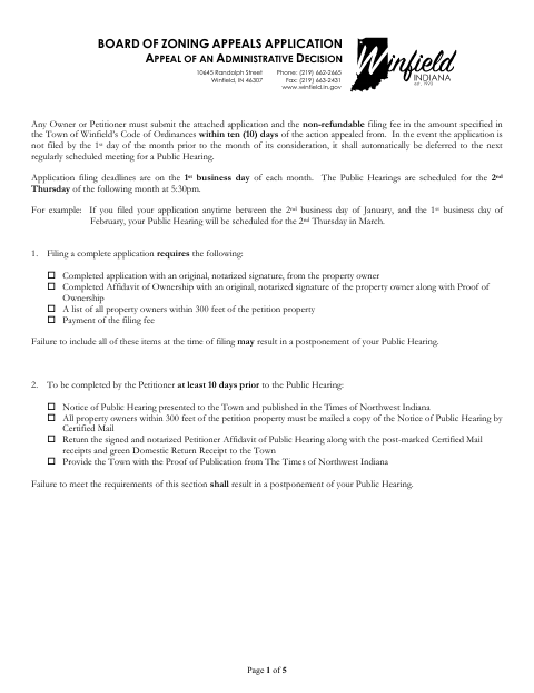 First page of the Board of Zoning Appeals Administrative Decision Appeal Application