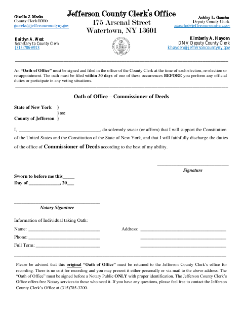 Oath of Office – Commissioner of Deeds, Jefferson County form, first page