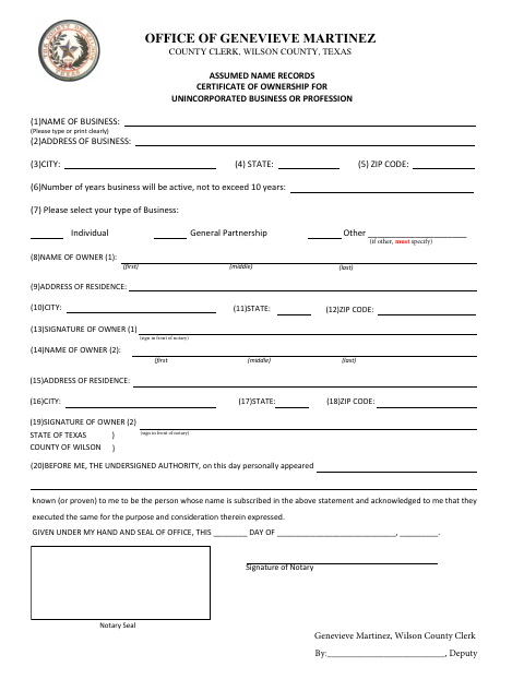 Assumed Name Certificate of Ownership, Wilson County form, first page