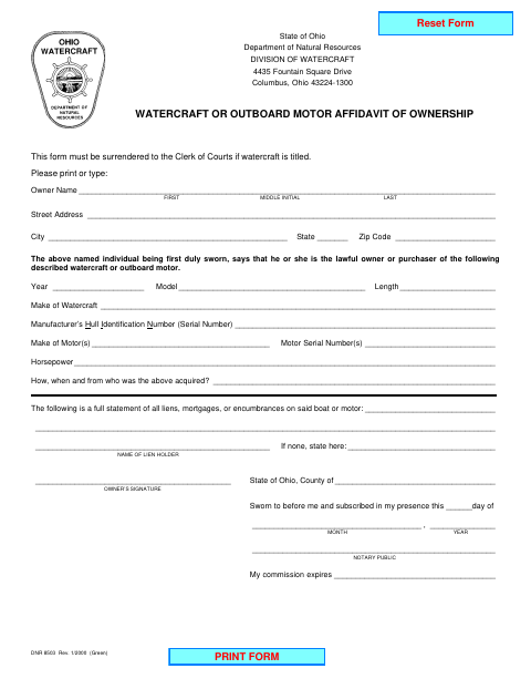 Watercraft or Outboard Motor Affidavit of Ownership, Erie County form, first page