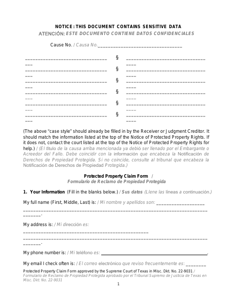 First page of the Protected Property Claim Form