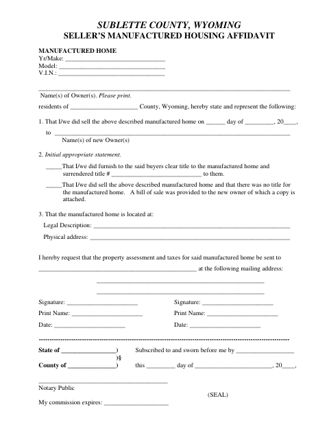 Seller’s Manufactured Housing Affidavit, Sublette County form, first page