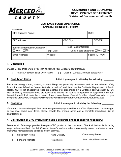 First page of the Cottage Food Operation Annual Renewal Form