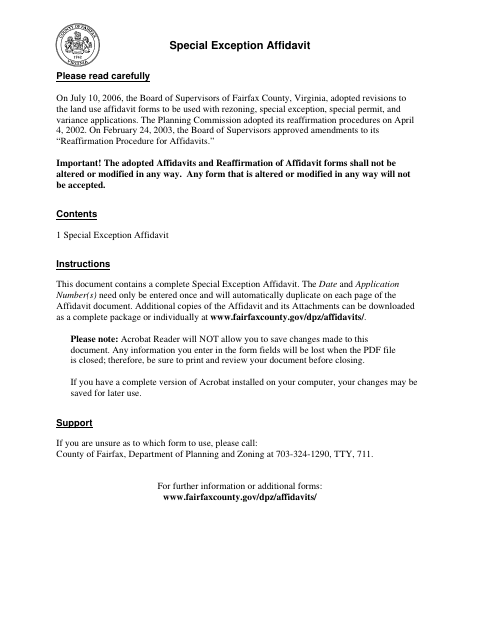 Special Exception Affidavit, Fairfax County form, first page