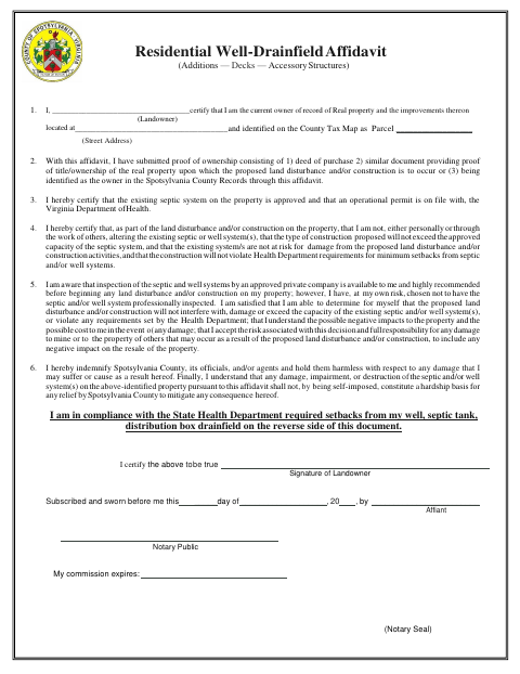 Residential Well-Drainfield Affidavit, Spotsylvania County form, first page