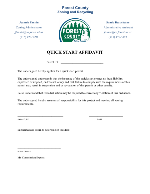 Quick Start Affidavit, Forest County form, first page