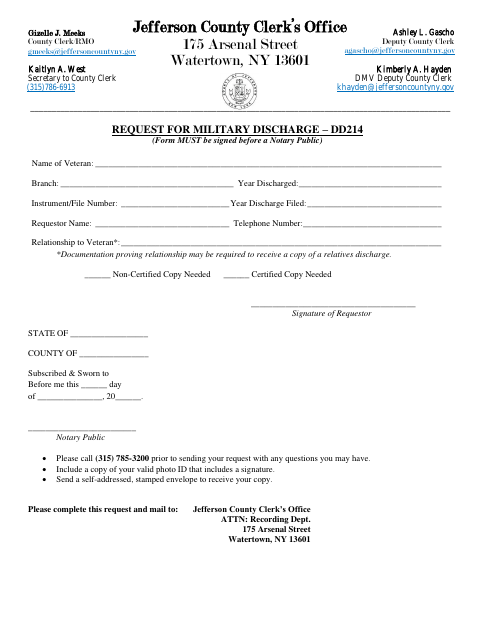 Request for Military Discharge, Jefferson County form, first page
