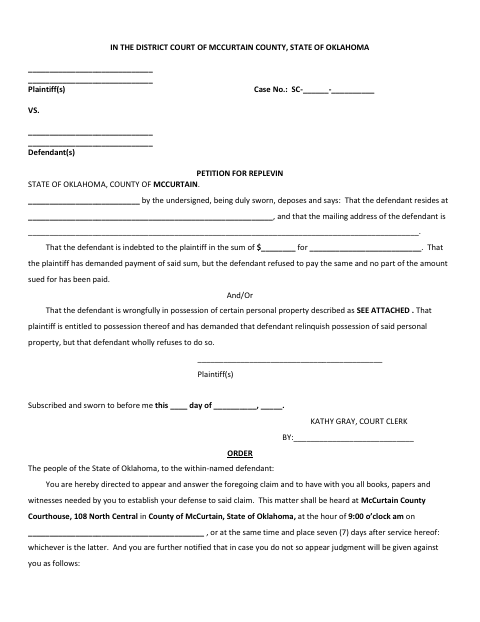 Petition for Replevin, McCurtain County form, first page
