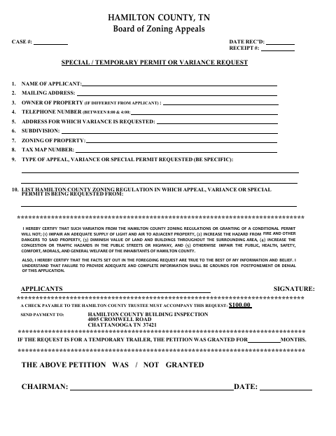 Special, Temporary Permit, or Variance Request, Hamilton County form, first page