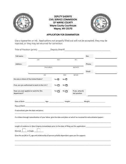 Application For Examination, Wayne County form, first page