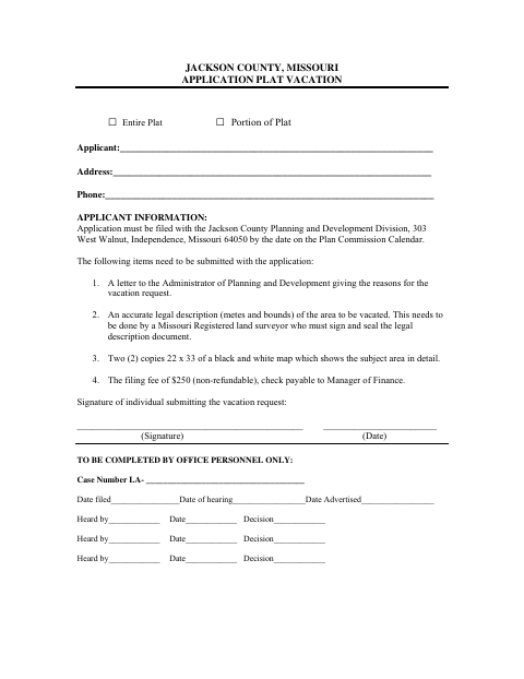 Plat Vacation Application, Jackson County form, first page