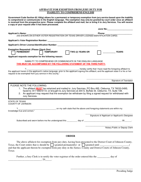Affidavit for Exemption from Jury Duty for Inability to Comprehend English, Johnson County form, first page