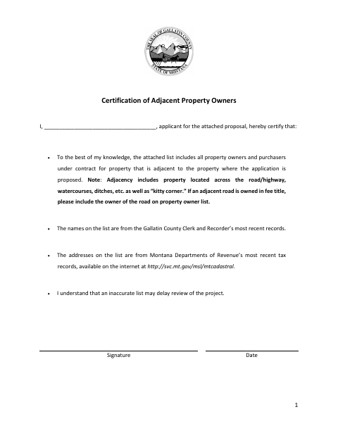 First page of the Certification of Adjacent Property Owners