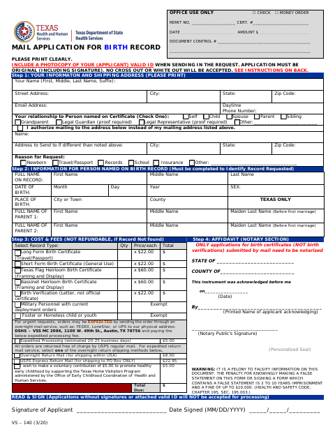 Mail Application for Birth Record, Bosque County form, first page