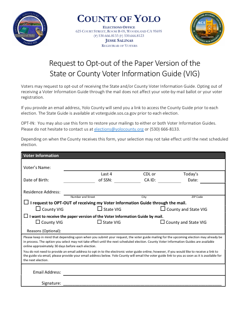 First page of the Request to Opt Out of the Paper Voter Information Guide
