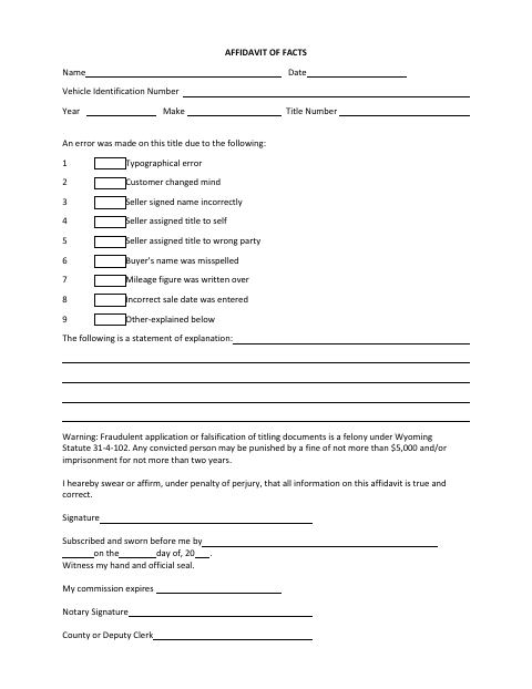 Affidavit of Facts, Washakie County form, first page