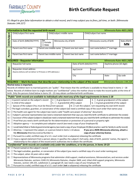 Birth Certificate Request, Faribault County form, first page