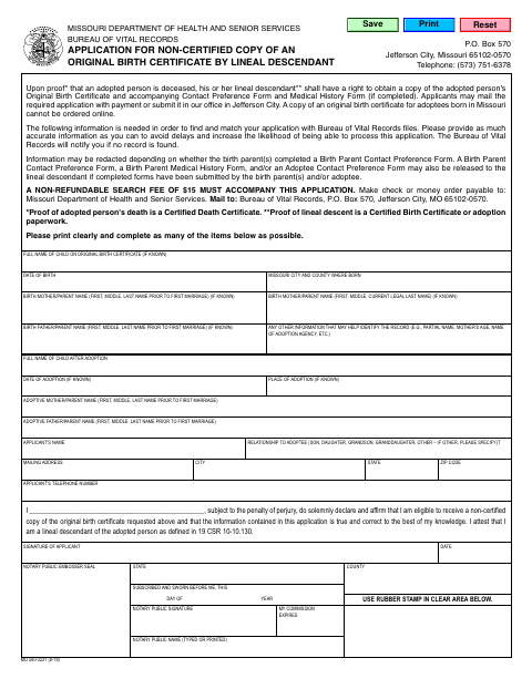 580-3231 Application for Non-Certified Copy of Original Birth Certificate by Lineal Descendant first page